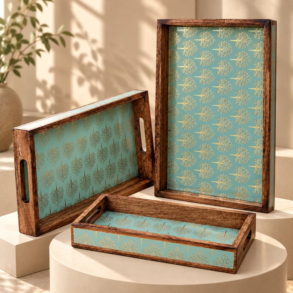 Aqua & Gold Wooden Serving Tray Set of 3