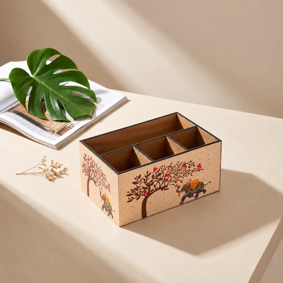 Elephant-design cutlery organiser styled on a tabletop