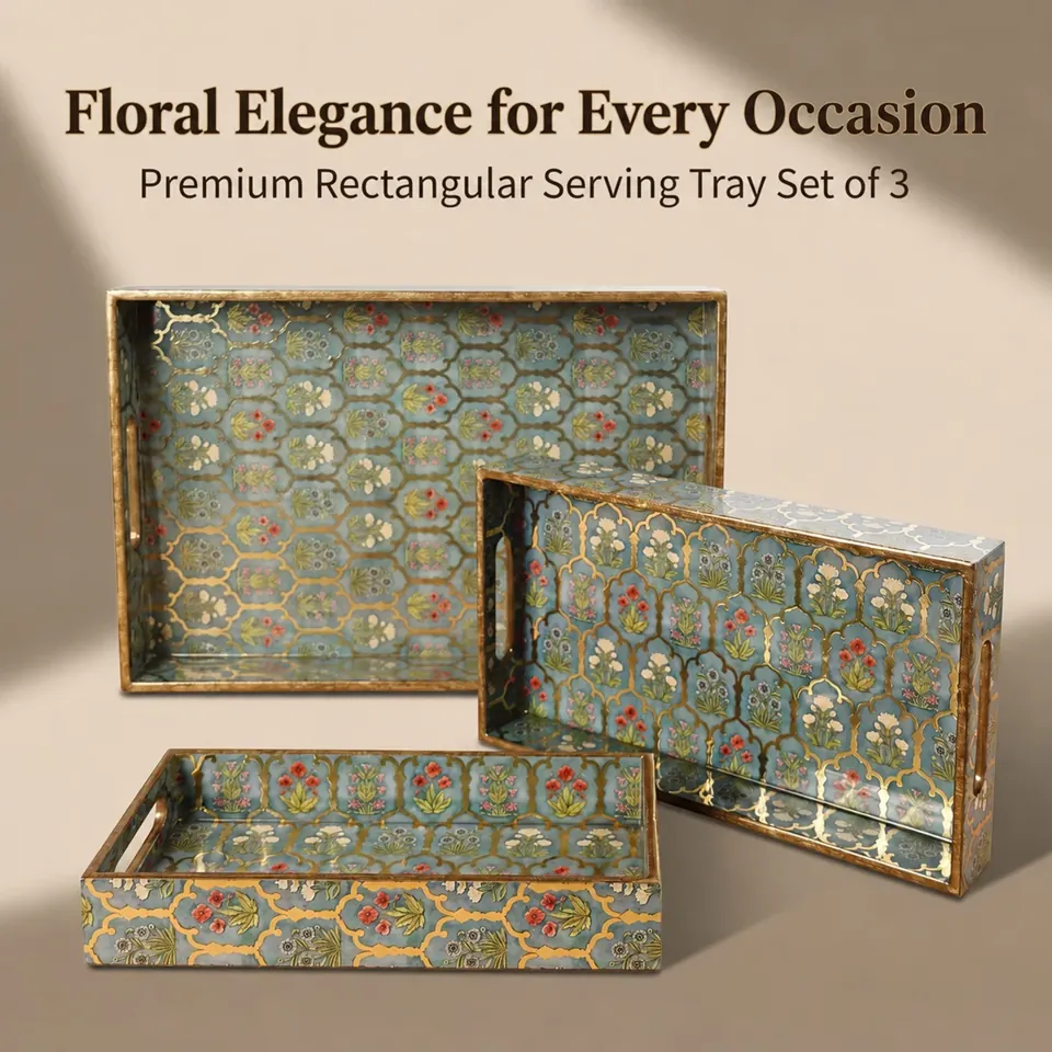 Wooden Serving Tray Set of 3 with Handles